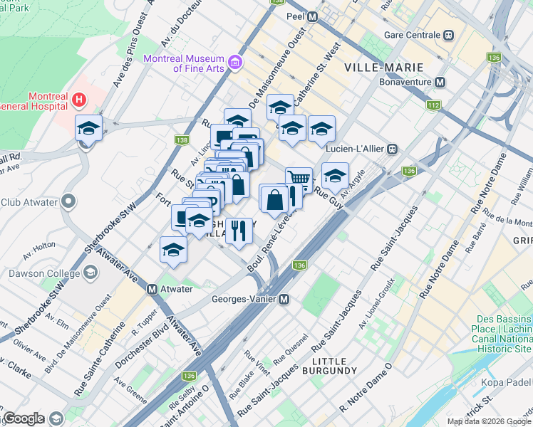 map of restaurants, bars, coffee shops, grocery stores, and more near 1180 Rue Saint Mathieu in Montréal