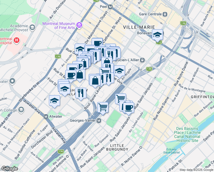 map of restaurants, bars, coffee shops, grocery stores, and more near 1077 Rue Saint Mathieu in Montréal