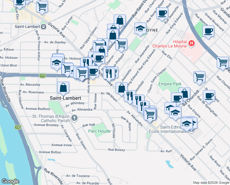 map of restaurants, bars, coffee shops, grocery stores, and more near 1225 Victoria Avenue in Saint-Lambert