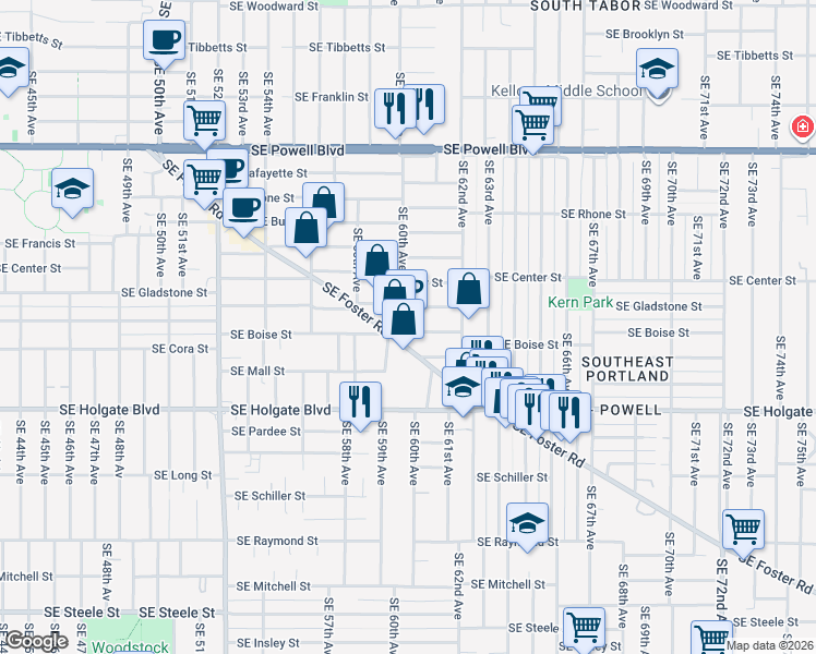 map of restaurants, bars, coffee shops, grocery stores, and more near 6031 Southeast Foster Road in Portland