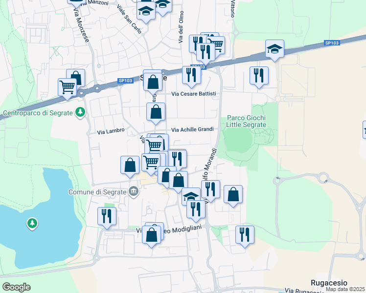 map of restaurants, bars, coffee shops, grocery stores, and more near 22 Via Giuseppe Mazzini in Segrate
