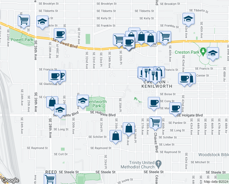 map of restaurants, bars, coffee shops, grocery stores, and more near 3549 Southeast Cora Drive in Portland
