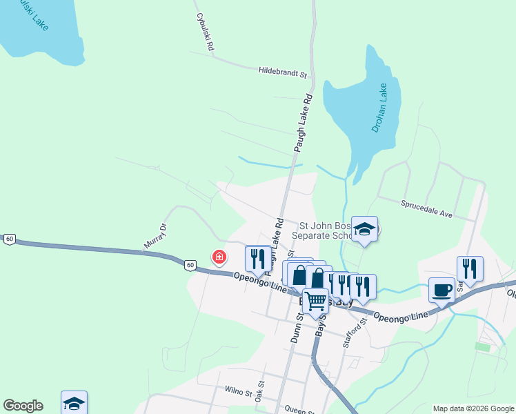 map of restaurants, bars, coffee shops, grocery stores, and more near 26 Lane Street in Barry's Bay