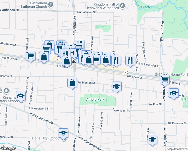 map of restaurants, bars, coffee shops, grocery stores, and more near 18125 Southwest Blanton Street in Aloha