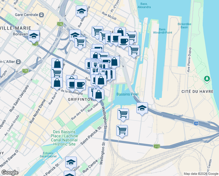 map of restaurants, bars, coffee shops, grocery stores, and more near 1085 Rue Smith in Montréal