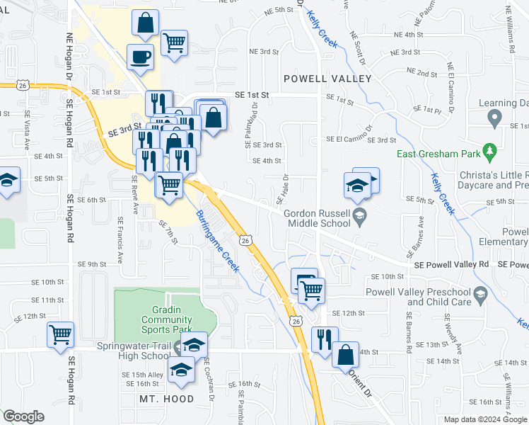 map of restaurants, bars, coffee shops, grocery stores, and more near 728 Southeast Robin Way in Gresham