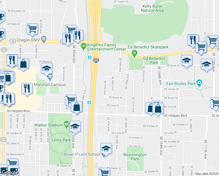 map of restaurants, bars, coffee shops, grocery stores, and more near 9733 Southeast Boise Street in Portland
