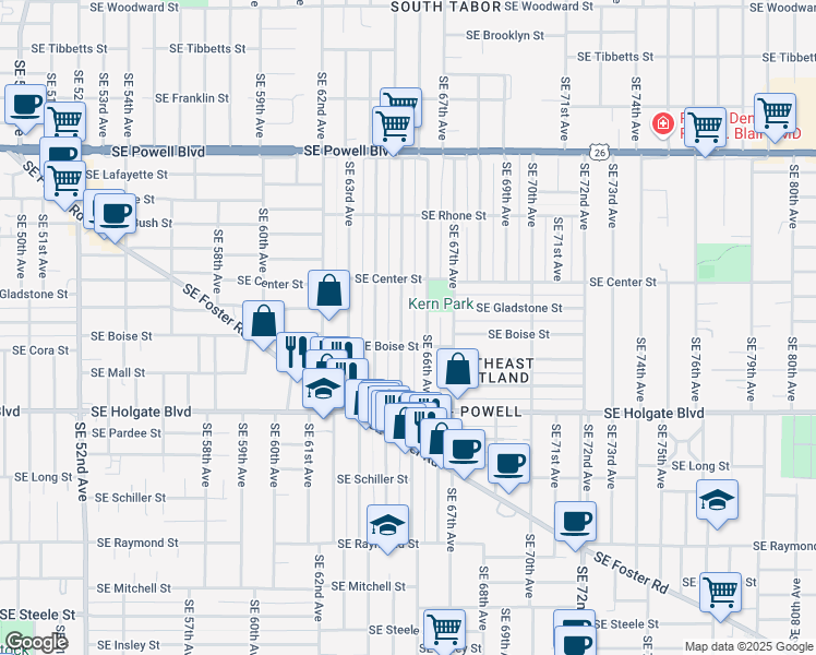 map of restaurants, bars, coffee shops, grocery stores, and more near 4205 Southeast 65th Avenue in Portland