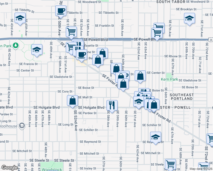 map of restaurants, bars, coffee shops, grocery stores, and more near 4220 Southeast 57th Avenue in Portland