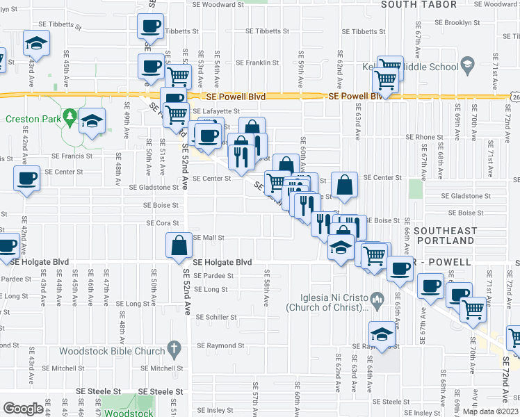 map of restaurants, bars, coffee shops, grocery stores, and more near 4220 Southeast 57th Avenue in Portland