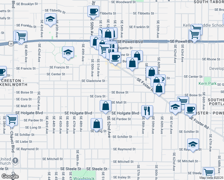 map of restaurants, bars, coffee shops, grocery stores, and more near 4230 Southeast 52nd Avenue in Portland