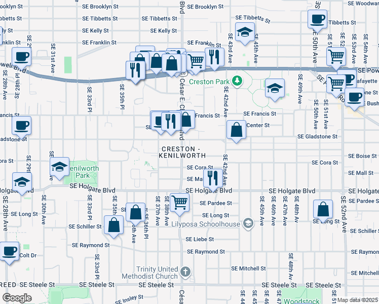 map of restaurants, bars, coffee shops, grocery stores, and more near 3934 Southeast Boise Street in Portland