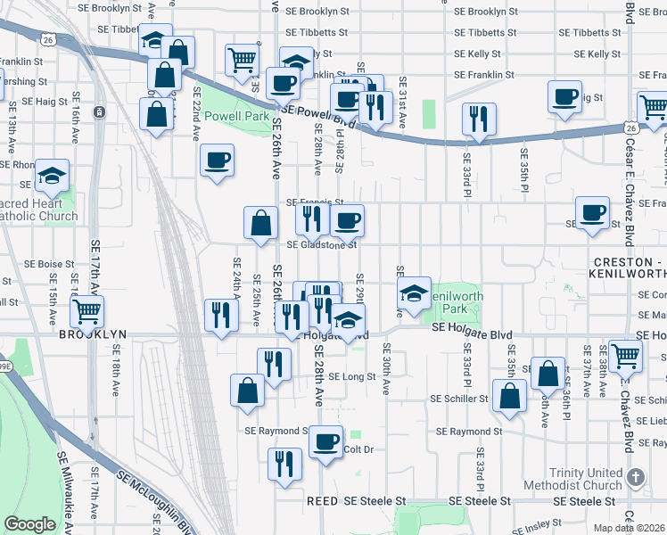 map of restaurants, bars, coffee shops, grocery stores, and more near 4305 Southeast 28th Place in Portland
