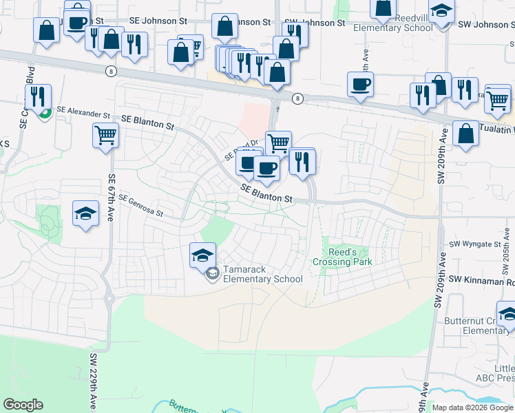map of restaurants, bars, coffee shops, grocery stores, and more near 7391 Southeast Tamarack Street in Hillsboro