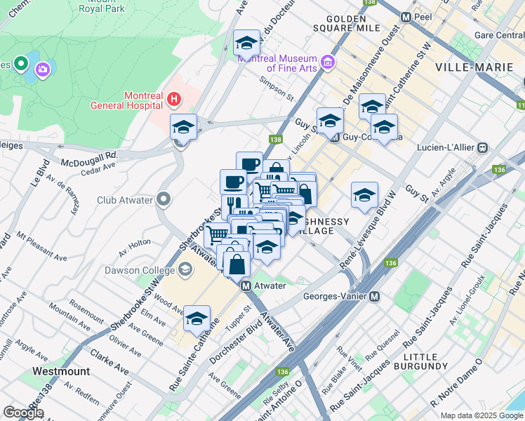 map of restaurants, bars, coffee shops, grocery stores, and more near 2030 Rue du Fort in Montréal