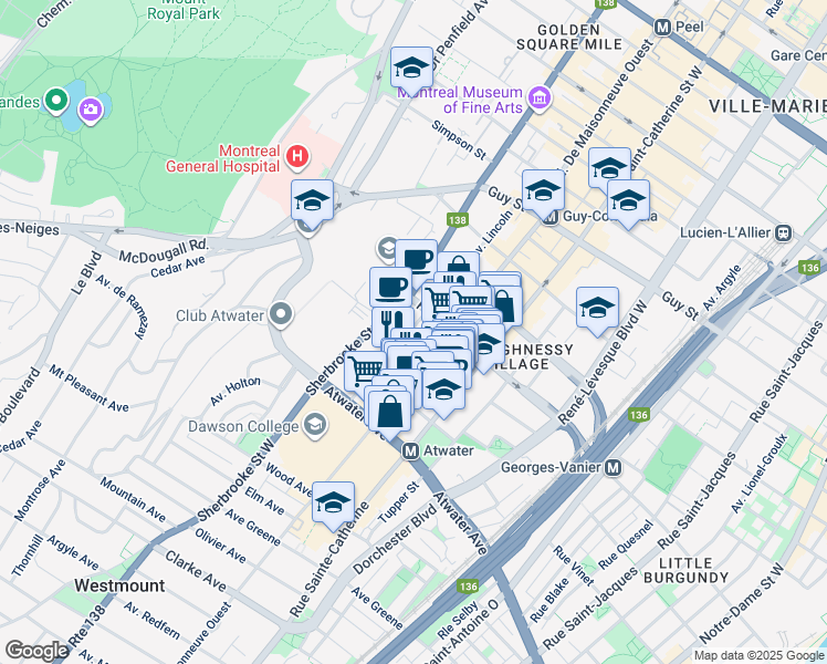 map of restaurants, bars, coffee shops, grocery stores, and more near 2080 Lincoln Avenue in Montreal