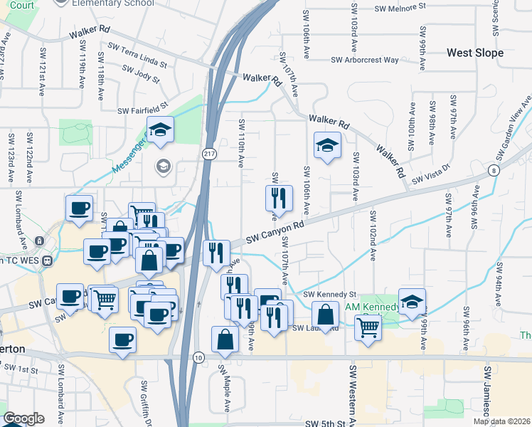 map of restaurants, bars, coffee shops, grocery stores, and more near 3775 Southwest 108th Avenue in Beaverton