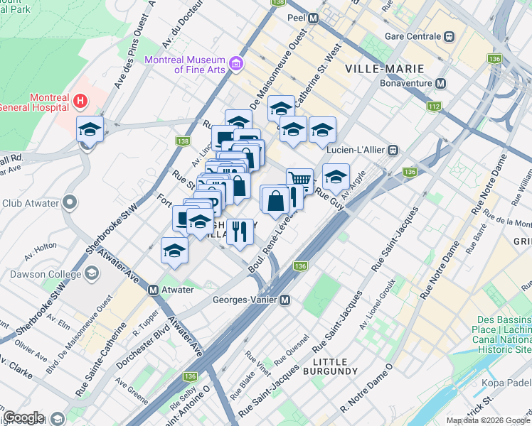 map of restaurants, bars, coffee shops, grocery stores, and more near 1186 Rue Saint Mathieu in Montréal