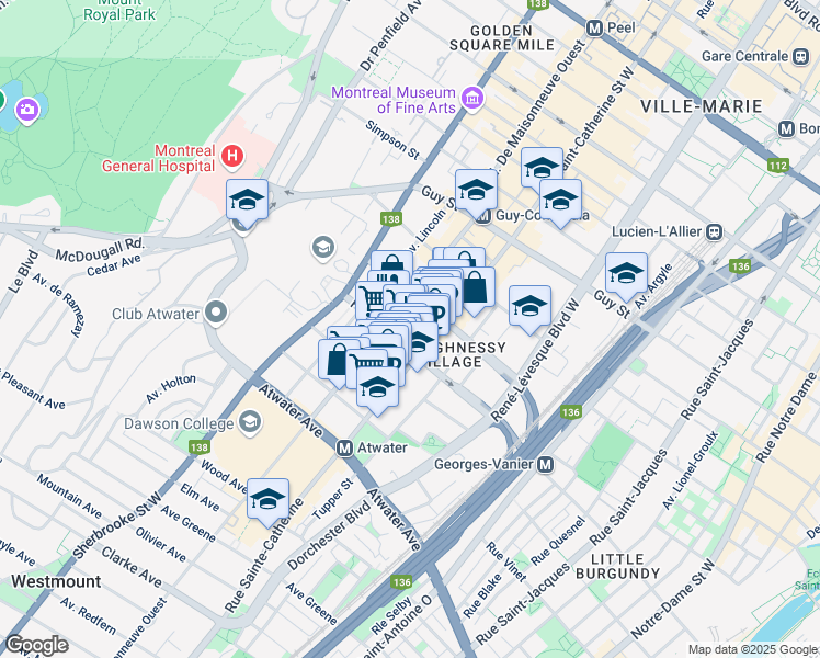 map of restaurants, bars, coffee shops, grocery stores, and more near 1420 Towers Street in Montreal