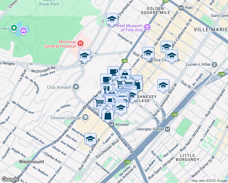 map of restaurants, bars, coffee shops, grocery stores, and more near in Montreal