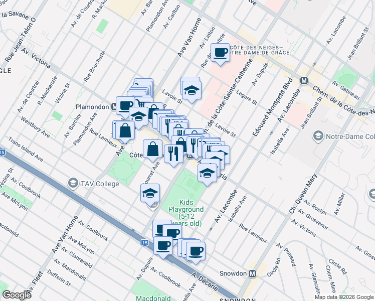 map of restaurants, bars, coffee shops, grocery stores, and more near 4820 Chemin de la Côte-Sainte-Catherine in Montréal