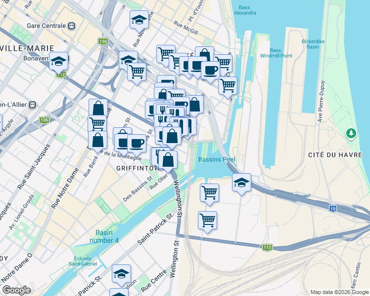 map of restaurants, bars, coffee shops, grocery stores, and more near 1085 Rue Smith in Montréal