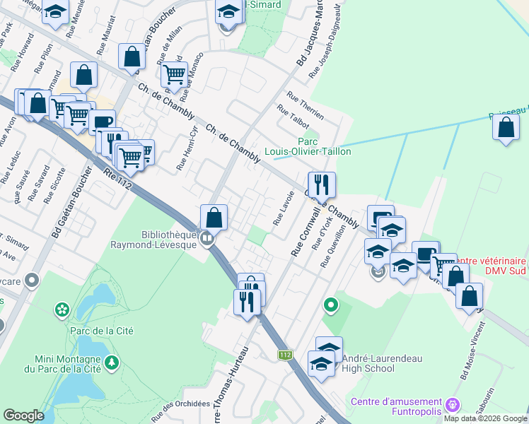 map of restaurants, bars, coffee shops, grocery stores, and more near 2745 Rue Racine in Longueuil