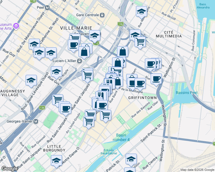 map of restaurants, bars, coffee shops, grocery stores, and more near 505 Rue Lucien-L'Allier in Montréal