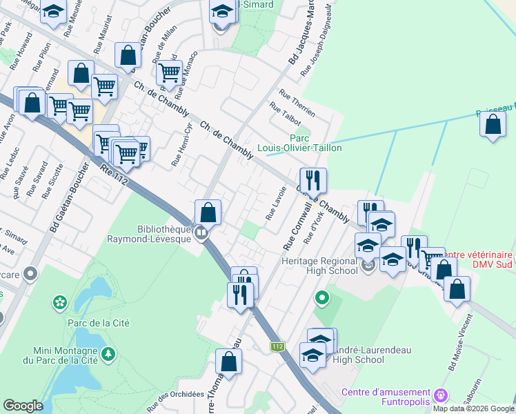 map of restaurants, bars, coffee shops, grocery stores, and more near 2745 Rue Racine in Longueuil