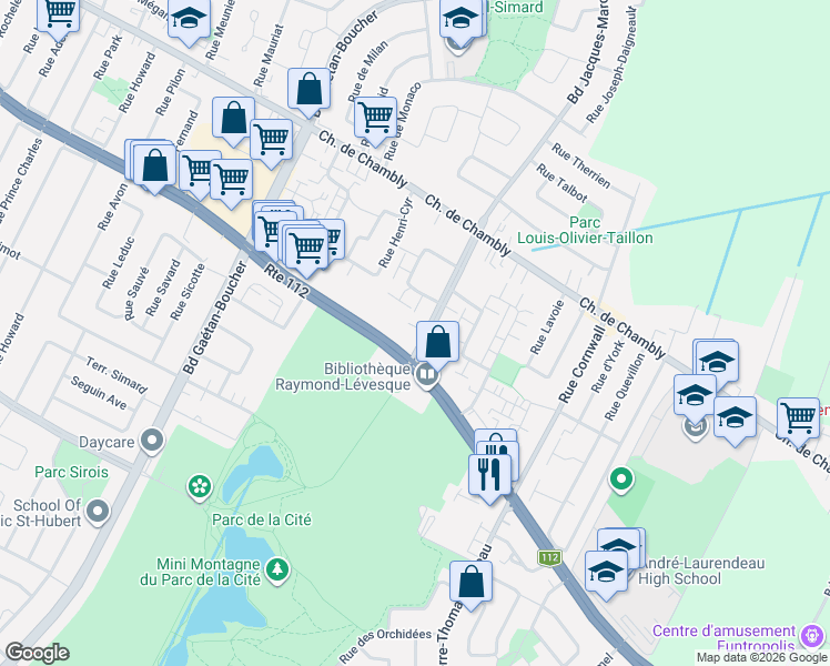 map of restaurants, bars, coffee shops, grocery stores, and more near 2600 Boulevard Jacques-Marcil in Longueuil