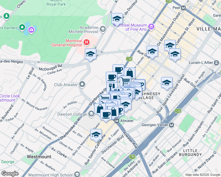 map of restaurants, bars, coffee shops, grocery stores, and more near 2090 Sherbrooke Street West in Montreal