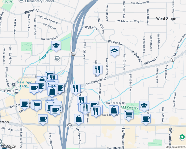 map of restaurants, bars, coffee shops, grocery stores, and more near 10975 Southwest Canyon Road in Beaverton