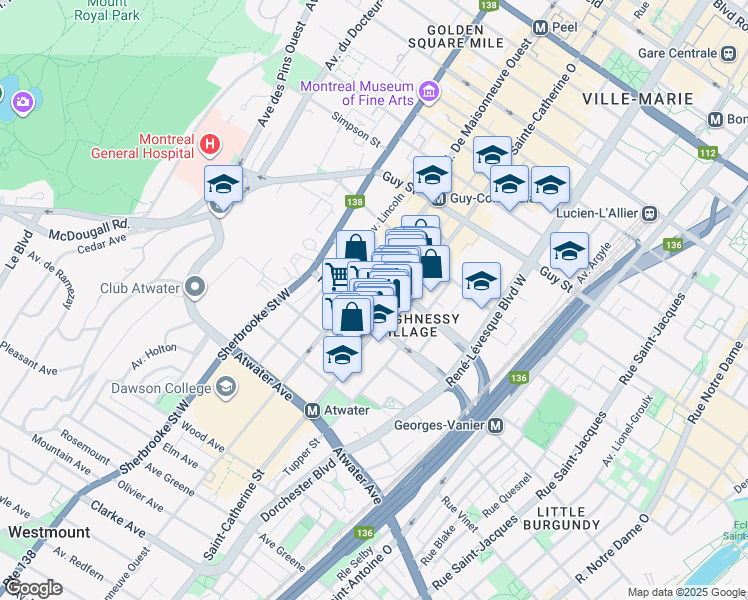 map of restaurants, bars, coffee shops, grocery stores, and more near 1420 Rue Towers in Montréal