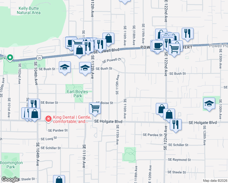 map of restaurants, bars, coffee shops, grocery stores, and more near 4134 Southeast 114th Avenue in Portland