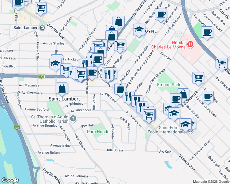 map of restaurants, bars, coffee shops, grocery stores, and more near 1225 Victoria Avenue in Saint-Lambert