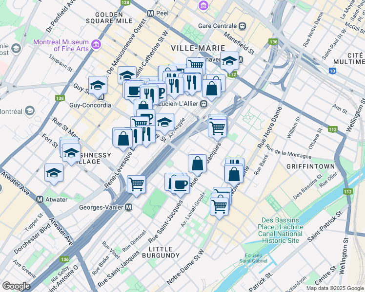 map of restaurants, bars, coffee shops, grocery stores, and more near 1540 Rue Saint Antoine Ouest in Montréal