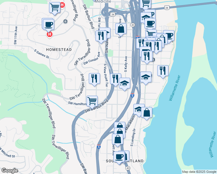 map of restaurants, bars, coffee shops, grocery stores, and more near 4234 Southwest View Point Terrace in Portland