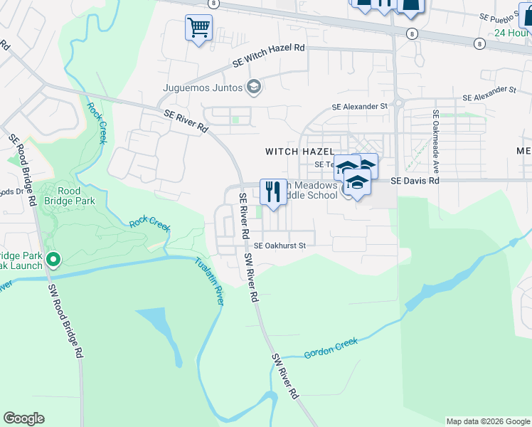 map of restaurants, bars, coffee shops, grocery stores, and more near 3750 Southeast Twelve Oaks Street in Hillsboro