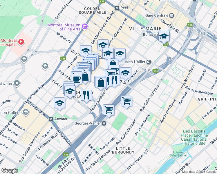 map of restaurants, bars, coffee shops, grocery stores, and more near 1700 Boulevard René-Lévesque Ouest in Montréal