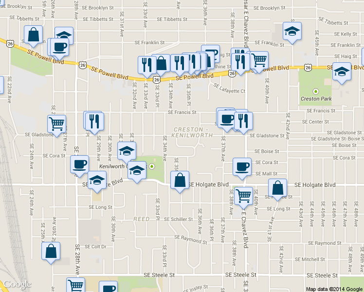 map of restaurants, bars, coffee shops, grocery stores, and more near 3546 Southeast Cora Drive in Portland