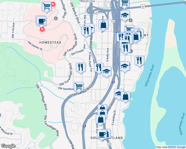 map of restaurants, bars, coffee shops, grocery stores, and more near 4320 Southwest View Point Terrace in Portland