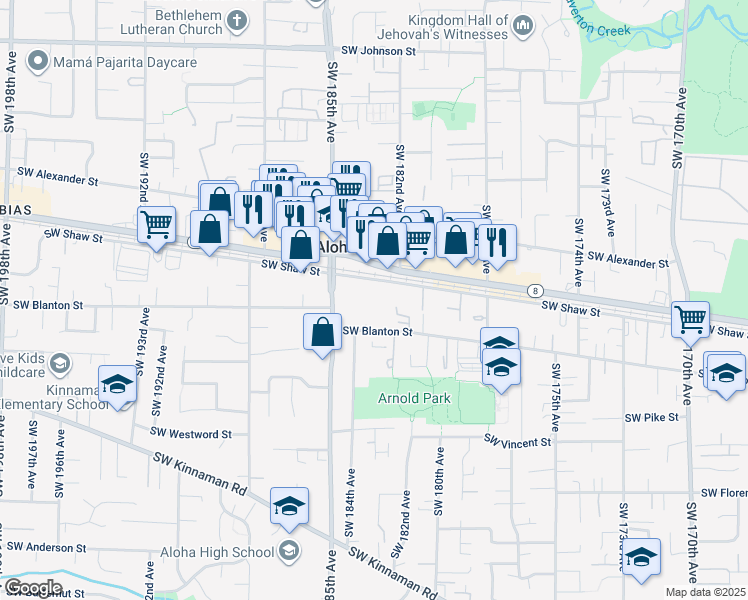 map of restaurants, bars, coffee shops, grocery stores, and more near 18265 Southwest Blanton Street in Beaverton