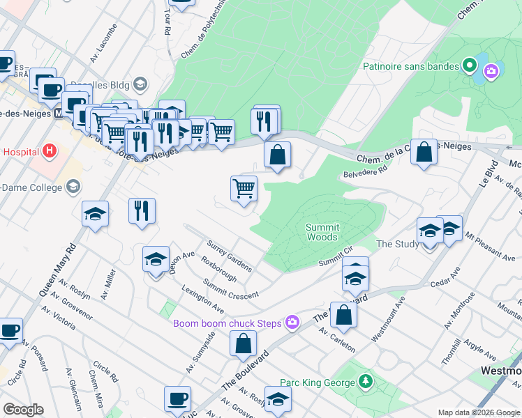 map of restaurants, bars, coffee shops, grocery stores, and more near 3570 Ridgewood Avenue in Montrã©Al