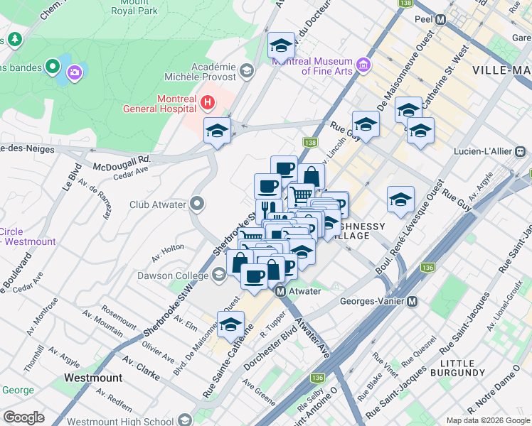 map of restaurants, bars, coffee shops, grocery stores, and more near 2090 Sherbrooke Street West in Montreal