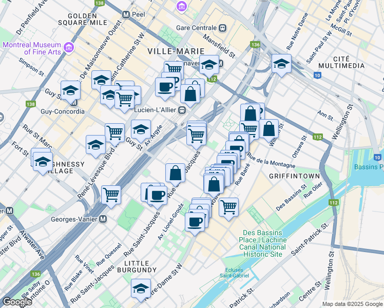 map of restaurants, bars, coffee shops, grocery stores, and more near 1435 Rue Saint-Jacques in Montréal