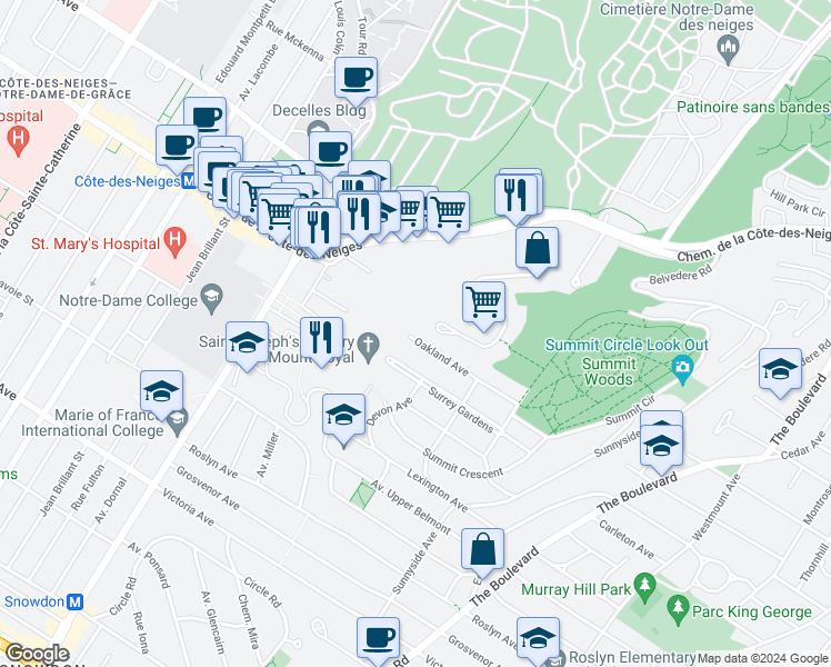 map of restaurants, bars, coffee shops, grocery stores, and more near 59 Avenue Oakland in Westmount