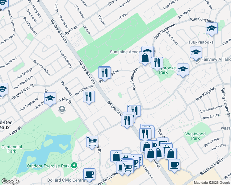 map of restaurants, bars, coffee shops, grocery stores, and more near 19 Rue Columbia in Dollard-des-Ormeaux