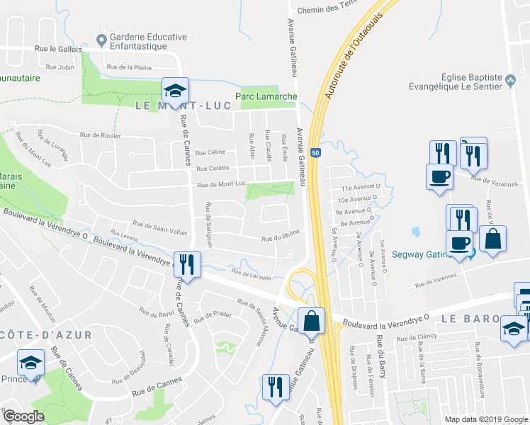 map of restaurants, bars, coffee shops, grocery stores, and more near 83 Rue de Roquevaire in Gatineau