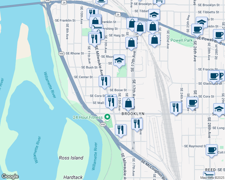 map of restaurants, bars, coffee shops, grocery stores, and more near Southeast 14th Avenue in Portland