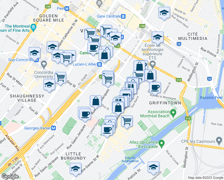 map of restaurants, bars, coffee shops, grocery stores, and more near 1410 Rue Saint-Jacques in Montréal